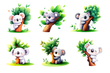 Adorable cartoon koalas interacting with trees