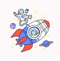 Fototapeta premium Cartoon style vector illustration of an astronaut floating next to a colorful rocket in outer space. Surrounded by stars and planets, the scene is perfect for kids' space themes, sci-fi designs