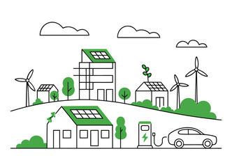 VectorFormat: Title: Green energy village with solar panels wind turbines electric car charging