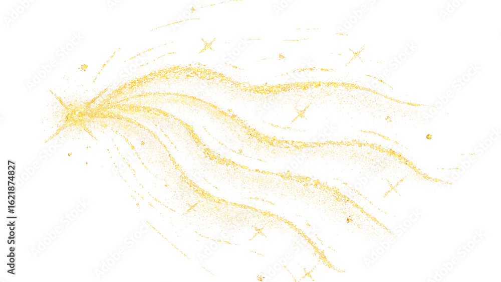 Poster transparent background with a golden glitter magical wave, sparkling and flowing elegantly from left