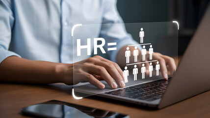 Modern HR manager optimizing team structure with laptop, crafting future workforce success through strategic organization and talent management for growth