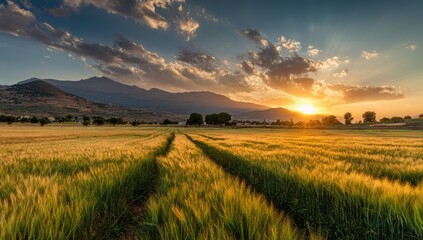 Fototapeta premium Golden wheat field at sunset, dramatic clouds, distant mountains
