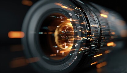 Futuristic, cylindrical device with glowing, holographic data streams