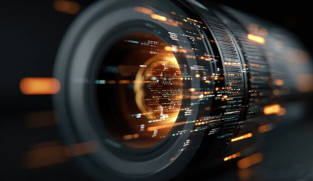 Futuristic, cylindrical device with glowing, holographic data streams - Powered by Adobe