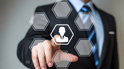 Professional businessman selecting user profile icon from innovative futuristic interface for streamlined workflow management and effective team collaboration