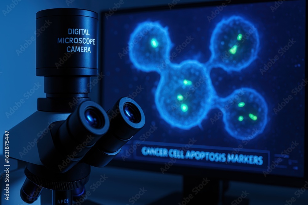 Aufkleber digital microscope with cancer cell apoptosis markers displayed on computer monitor