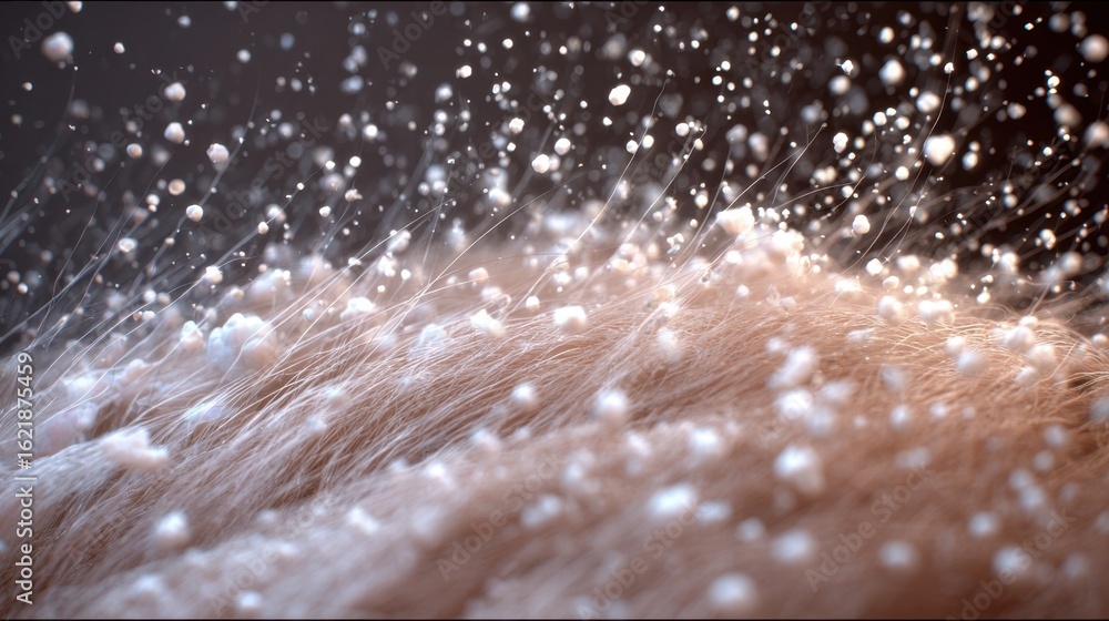 Aufkleber visualization of scalp with flaky skin shedding white particles in a soft airy movement.