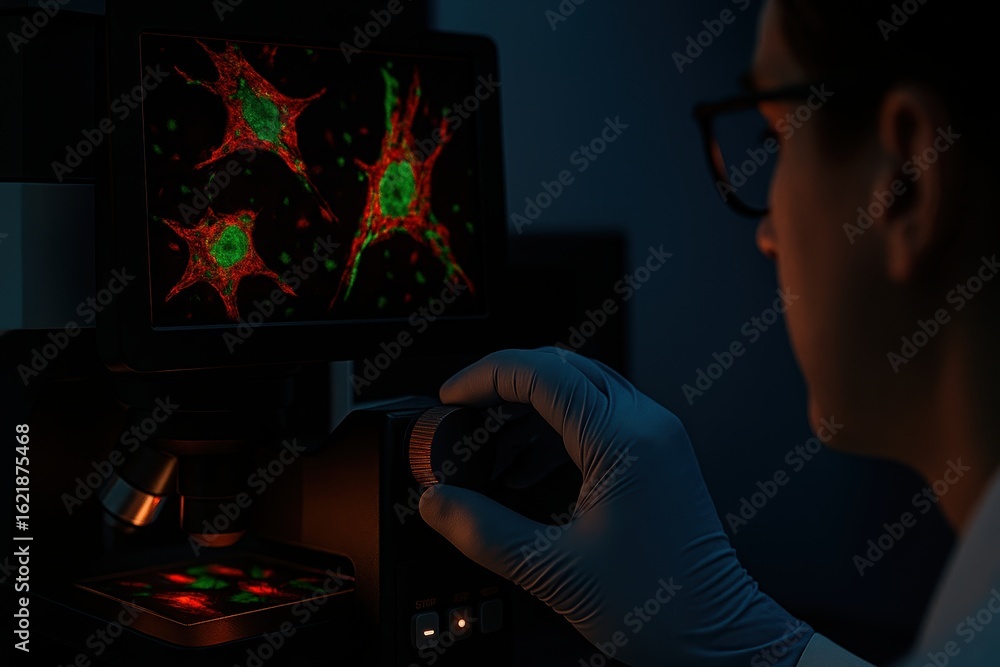 Poster scientist observing cells under microscope with glowing green red colors in dark lab