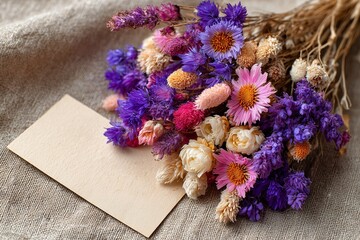 Dried colorful flower bouquet with kraft note on jute surface