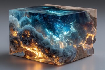 Luminous resin block with cosmic interior