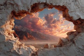 Sunset mountain landscape through ripped wall