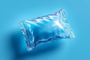 Floating blue plastic wrapper on light background