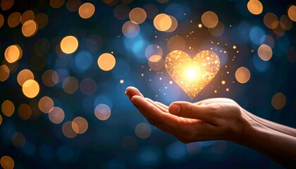 A pair of hands gently hold a glowing, golden heart against a bokeh background of warm, blurred lights, symbolizing love and generosity.