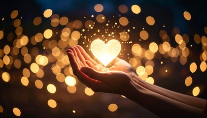 Hands gently holding a glowing heart shape, surrounded by blurred bokeh lights creating a warm, magical atmosphere.