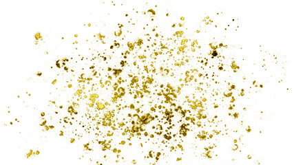 Rich golden glitter or textured dust scattered in an abstract splash on a transparent background,...