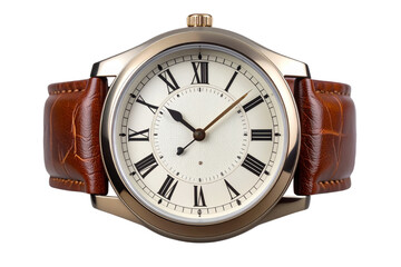 Classic Leather Strap Watch with Roman Numerals, isolated on transparent background