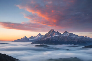 Majestic mountain range with fog at sunrise