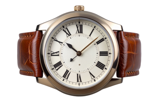 Classic Leather Strap Watch with Roman Numerals, isolated on transparent background