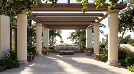 Luxurious Outdoor Patio Underneath Pergola, Scenic View