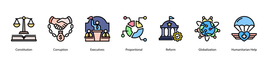 Government Reform web banner icon vector illustration for topics on budget deficits, constitutional law, corruption, government executives, proportional systems, political reform, and globalization.