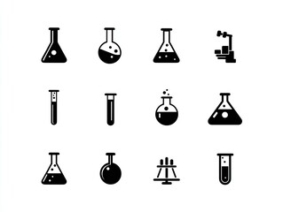 Collection of black-and-white science lab equipment icons.  Simple, flat style illustrations of beakers, flasks, test tubes, and a microscope