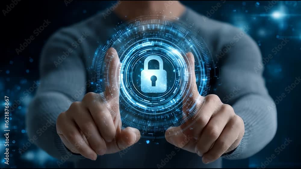 Poster cybersecurity digital lock protection technology with secure data in futuristic blue interface showc