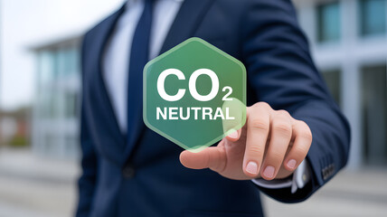 Sustainable businessman pushing CO2 neutral button for eco-friendly business strategy and future climate action, showcasing green corporate responsibility initiative