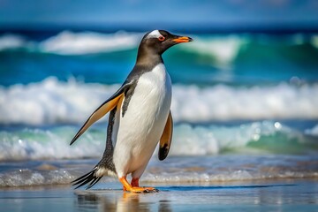 Gentoo penguin standing on the beach with ocean waves in background