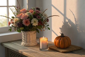 Charming still life arrangement featuring a bouquet candle and pumpkin on a wooden shelf in soft natural light