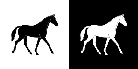 Black and white silhouettes of a walking horse.