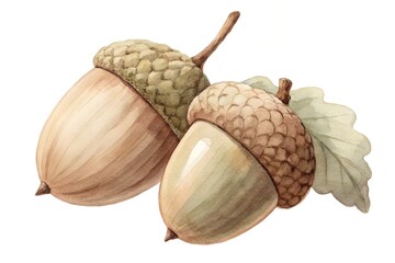 Watercolor clipart illustration showcasing two acorns with detailed textures and colors against a simple background