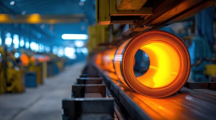 Medium shot of glowing steel coils feeding into automated roll forming machine central forming unit in sharp focus while surrounding factory floor and machinery fade into