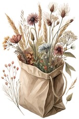 Brown paper bag filled with dried flowers arranged for a rustic home decoration or craft project in natural tones