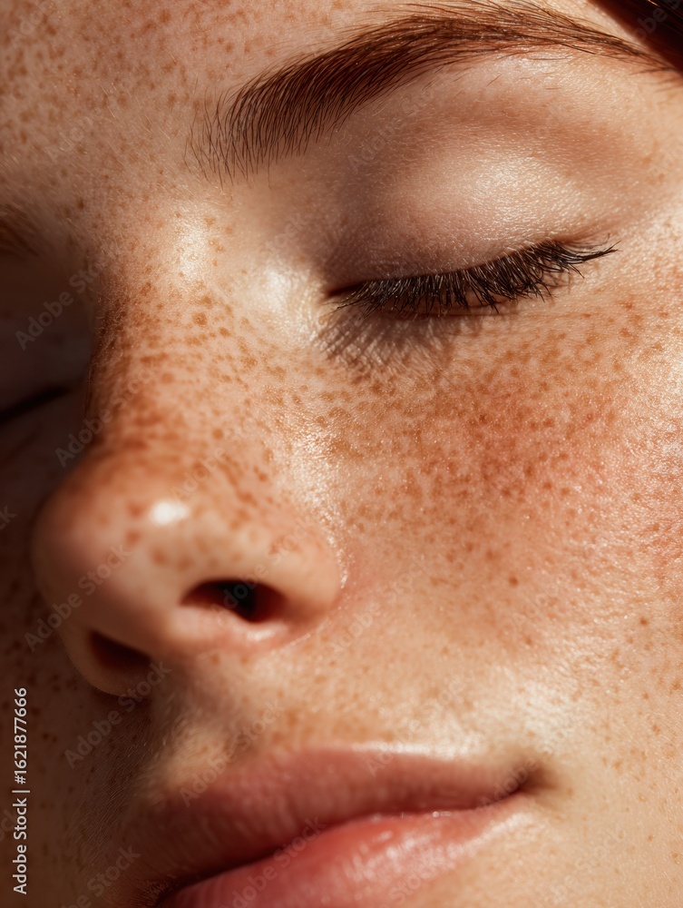 Poster close-up of natural face beauty capturing freckles and pores with smooth gradient background and min