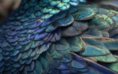 Obraz premium Close-up of iridescent blue and green bird feathers. Detailed texture of overlapping, layered plumage