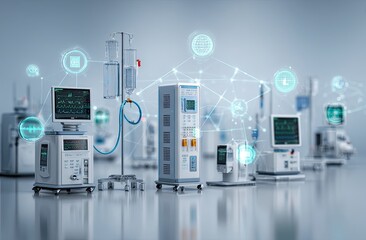 Medical equipment collection, various devices, connected via network