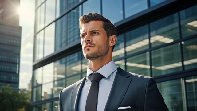 Confident young professional walking by glass building, dressed formally and looking ahead with determination and ambition.