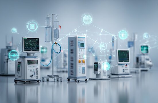 Medical equipment collection, various devices, connected via network