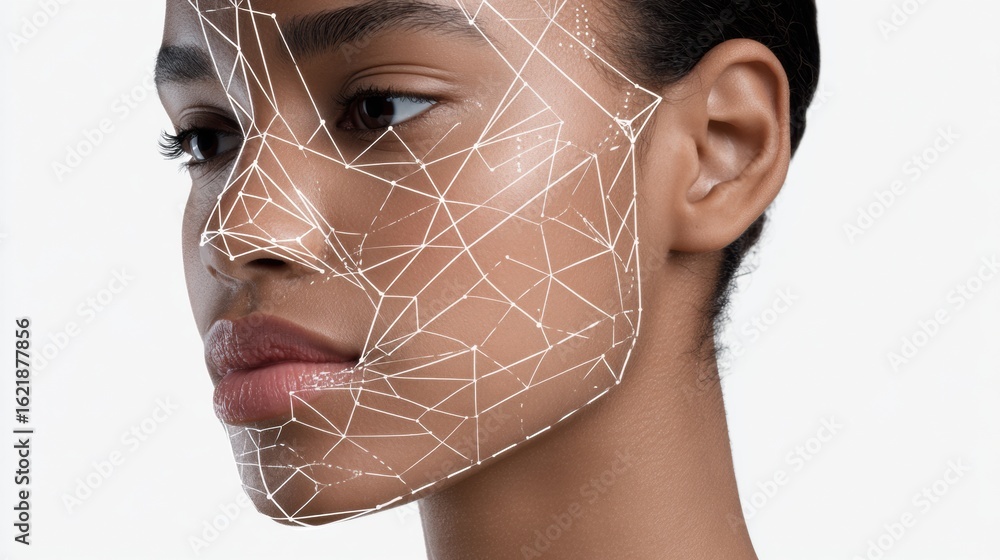 Poster facial mapping graphics overlay on neutral-skinned model emphasizing facial features and contours