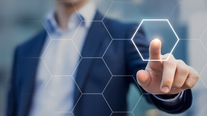Dynamic business professional touching digital hexagon interface, representing innovation, technology solutions and cutting-edge concepts for modern companies