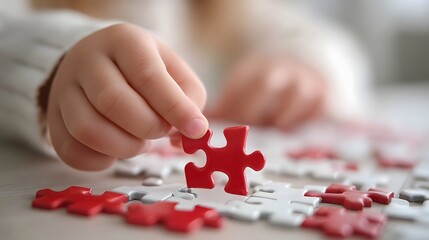 A child s hands carefully placing the final puzzle piece