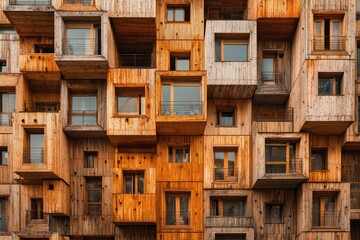 Wooden apartment building facade, many small squares