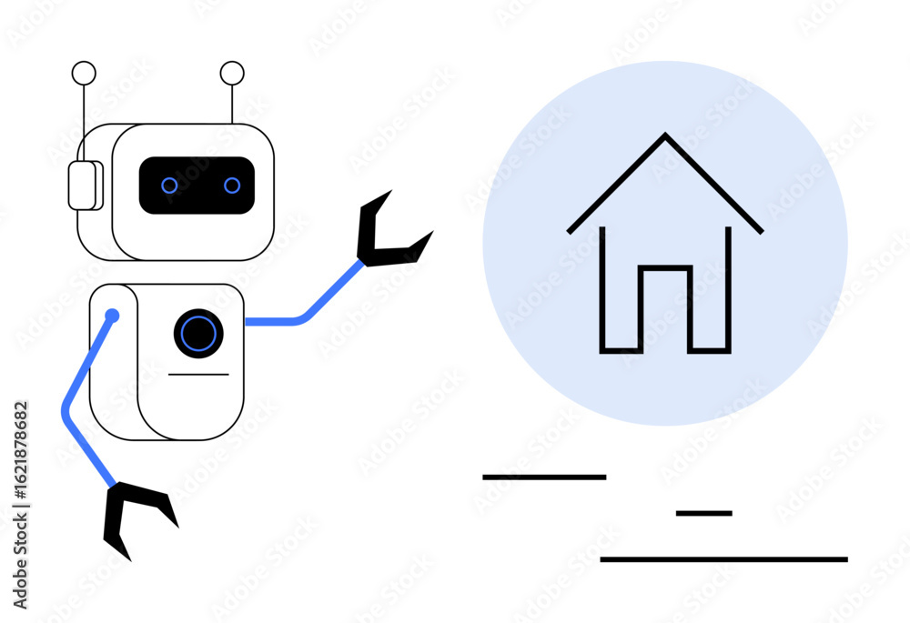 Aufkleber robot extends arms towards home symbol in circular graphic. ideal for smart home automation, technol