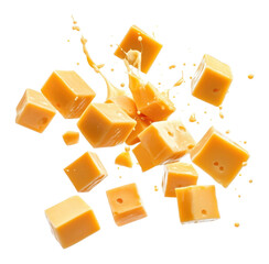 Fototapeta na wymiar PNG Cubed cheddar cheese splash cubes food.