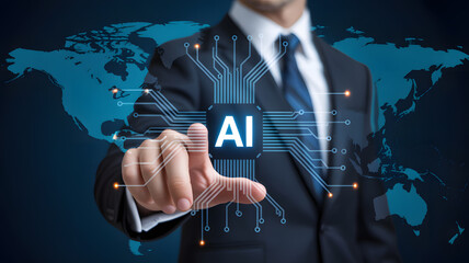 Modern professional using AI technology to connect globally for innovative business solutions, demonstrating digital transformation and intelligent networking
