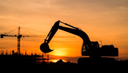 Silhouette of an excavator and construction crane against a vibrant sunset sky, suggesting construction or industrial activity.