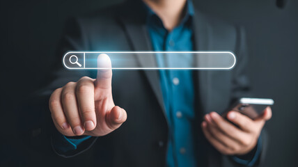 Modern businessman using search bar interface on mobile phone for data analytics and digital marketing insights, seamless user experience and innovative technology