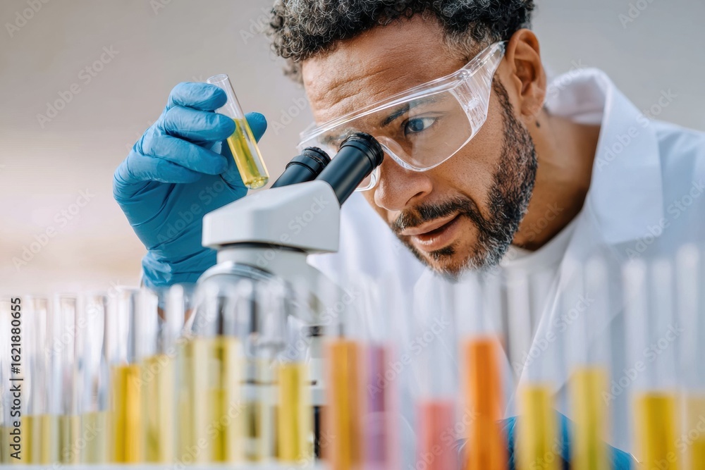 Poster professional scientist using microscope in modern laboratory high-quality research and discovery con