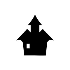 A black silhouette of a spooky haunted house with a pointed roof and a small window.