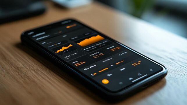 Smartphone displaying financial data app interface on a wooden surface